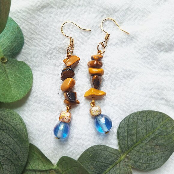 Yellow Jasper & Tiger’s Eye Earrings, Boho Gold Dangle Earrings, Earthy Gemstone - Picture 1 of 5
